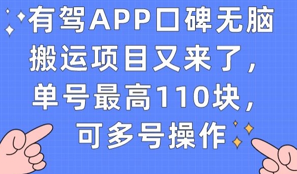 有驾APP口碑无脑搬运项目又来了，单号最高110块，可多号操作-小牛学府