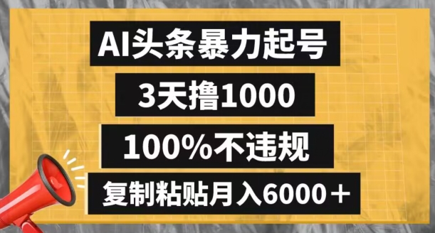 AI头条暴力起号，3天撸1000,100%不违规，复制粘贴月入6000＋【揭秘】-小牛学府