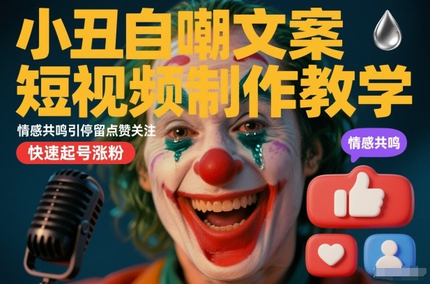 小丑自嘲文案短视频制作教学，情感共鸣引停留点赞关注，快速起号涨粉-小牛学府
