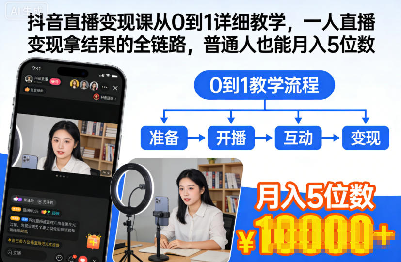 抖音直播变现课从0到1详细教学，一人直播变现拿结果的全链路，普通人也能月入5位数-小牛学府