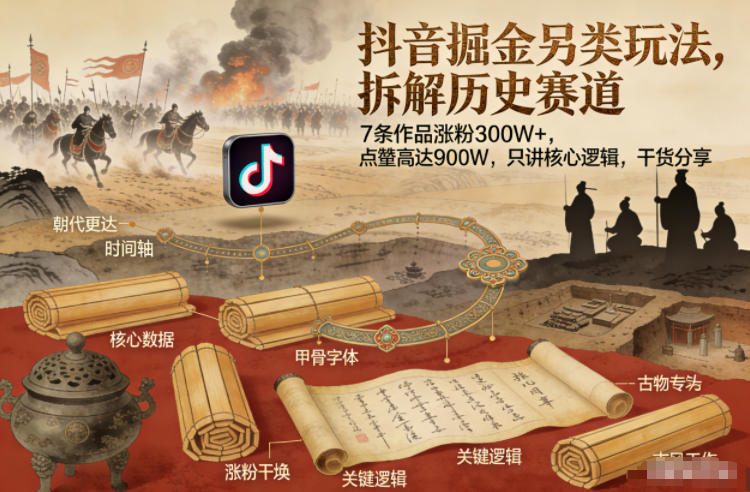 抖音掘金另类玩法，拆解历史赛道，7条作品涨粉300W+，点赞量高达900W，只讲核心逻辑，干货分享-小牛学府