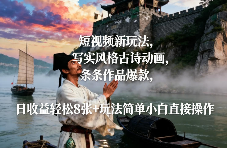短视频新玩法，写实风格古诗动画，条条作品爆款，日收益轻松8张+玩法简单小白直接操作-小牛学府