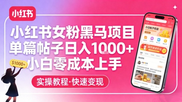 小红书女粉黑马项目，单篇帖子日入1k+，小白零成本上手-小牛学府