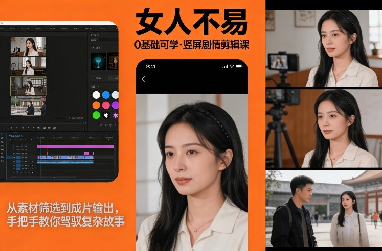 0基础可学！《女人不易》竖屏剧情剪辑课，从素材筛选到成片输出，手把手教你驾驭复杂故事-小牛学府