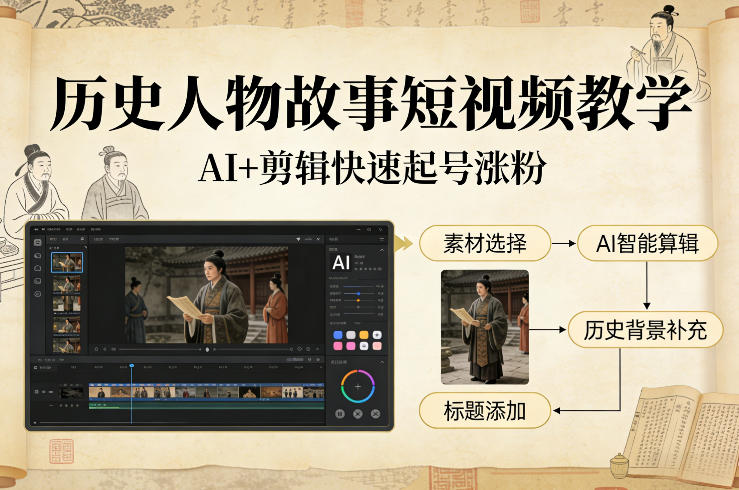 历史人物故事短视频教学，AI+剪辑制作历史人物题材短视频，快速起号涨粉-小牛学府