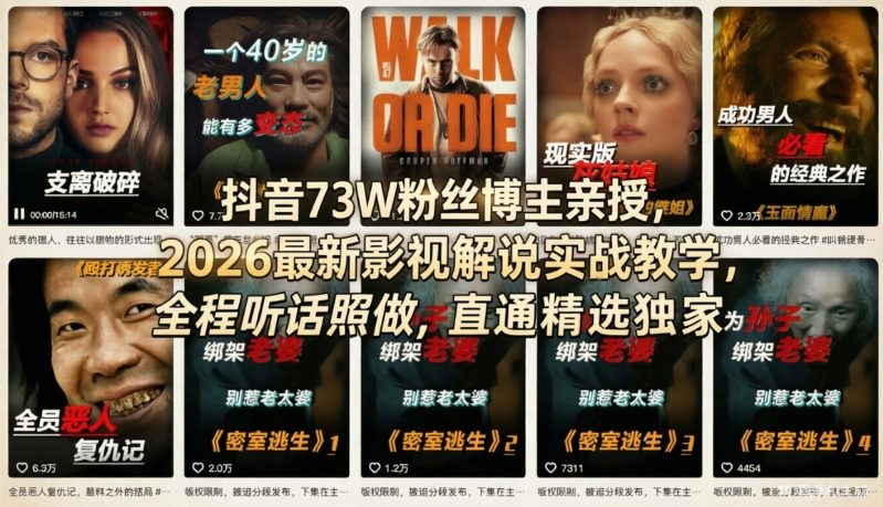 抖音73W粉丝博主亲授，2026最新影视解说实战教学，全程听话照做，直通精选独家-小牛学府