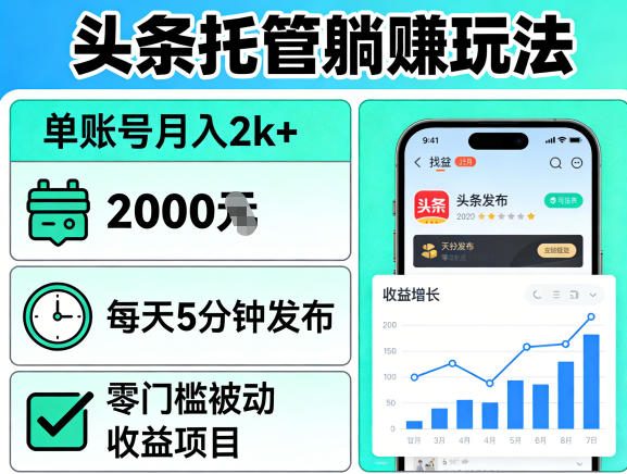 头条托管躺賺玩法，单账号月入2k+，每天5分钟发布即可，零门槛被动收益项目【揭秘】-小牛学府