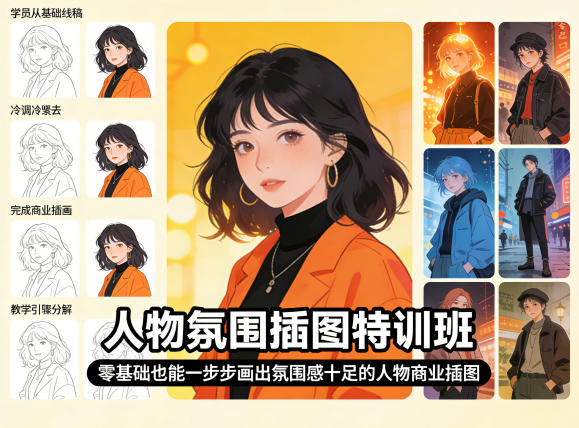 人物氛围插图特训班，零基础也能一步步画出氛围感十足的人物商业插图-小牛学府