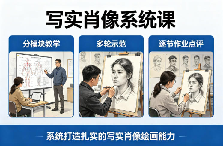 写实肖像系统课，全程分模块教学+多轮示范+逐节作业点评，系统打造扎实的写实肖像绘画能力-小牛学府