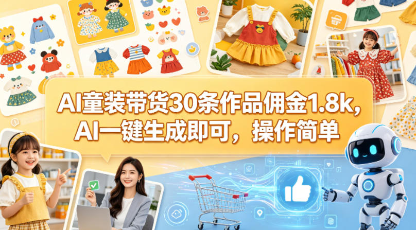 AI童装带货30条作品佣金1.8k，AI一键生成即可，操作简单-小牛学府