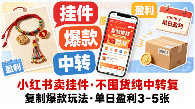 小红书卖挂件，不囤货纯中转复制爆款玩法，单日盈利3-5张-小牛学府