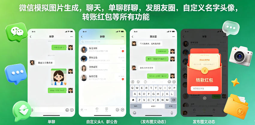 微信模拟图片生成，聊天，单聊群聊，发朋友圈，自定义名字头像，转账红包等所有功能都可以生成-小牛学府