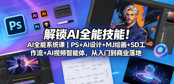 解锁AI全能技能！AI全能系统课｜PS+AI设计+MJ绘画+SD工作流+AI视频智能体，从入门到商业落地-小牛学府