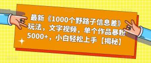 最新《1000个野路子信息差》玩法，文字视频，单个作品暴粉5000+，小白轻松上手【揭秘】-小牛学府