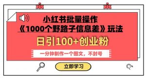 小红书批量操作《1000个野路子信息差》玩法,一分钟制作一个图文,不封号,日引100+创业粉-小牛学府