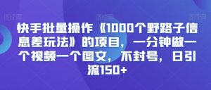 快手批量操作《1000个野路子信息差玩法》的项目，一分钟做一个视频一个图文，不封号，日引流150+【揭秘】-小牛学府