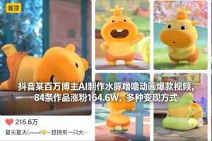 抖音某百万博主AI制作水豚噜噜动画爆款视频,84条作品涨粉164.6W,多种变现方式-小牛学府