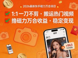 2026年最新快手磁力万合项目，1比1一刀不剪搬运热门视频，撸磁力万合收益-小牛学府